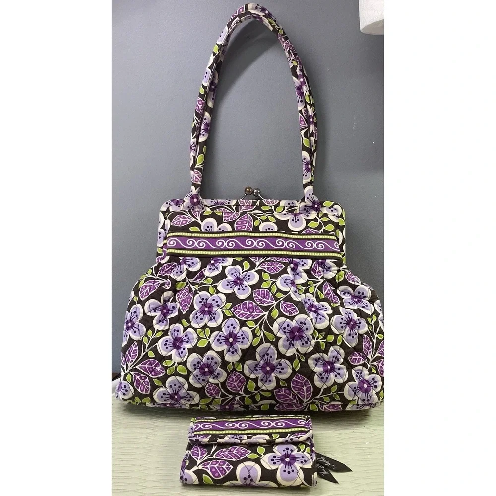 Vera Bradley Eloise-Plum Petals-Hand Bag Purse Kiss-Lock Double Straps W/Wallet